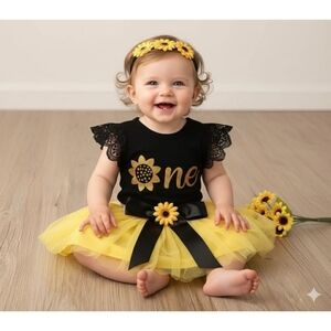 ​Baby Girl 1st Birthday Sunflower Outfit Cake Smash Tutu Suit Matching Headband